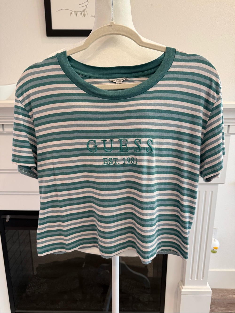 GUESS Teal and White Striped Crop Tee with Logo